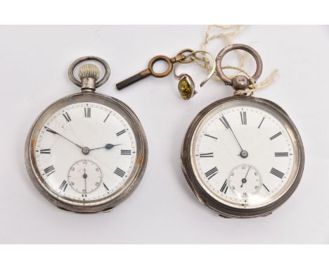 TWO SILVER OPEN FACE POCKET WATCHES, one key wound, with engine turned pattern and vacant cartouche, hallmarked 'Max Steyerma