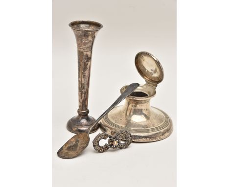 A SILVER INK WELL, POSY VASE AND SPOON, WITH BROOCH, the circular weighted base ink well with hinged cover, hallmarked 'E F B