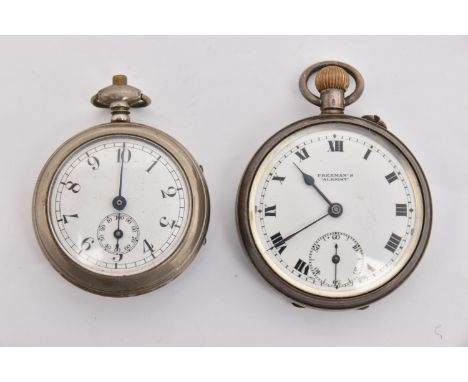 TWO POCKET WATCHES, the first an open face hand wound movement, round white dial signed 'Freemans Alright', Roman numerals, s