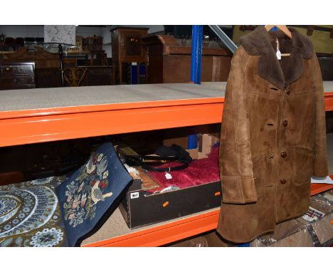 A BOX AND LOOSE CLOTHING AND HOMEWARE, to include a Barretts of Feckenham sheepskin coat, approximate chest 38'' x length 32'