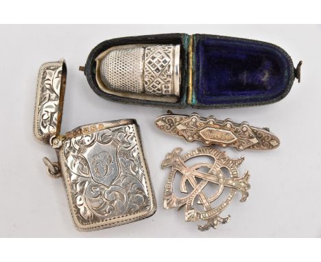 A SMALL SELECTION OF SILVER ITEMS, to include a silver rectangular vesta case with foliate pattern and engraved cartouche, fi