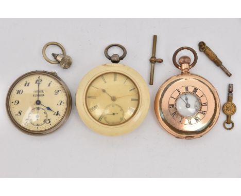 THREE POCKET WATCHES, to include a late Victorian, silver key wound, open face pocket watch, round white Roman numeral dial, 