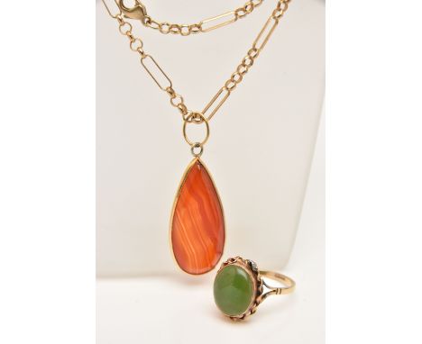 A 9CT GOLD CARNELIAN PENDANT NECKLACE AND A RING, polished tear drop carnelian pendant collet set, fitted with a jump ring fo