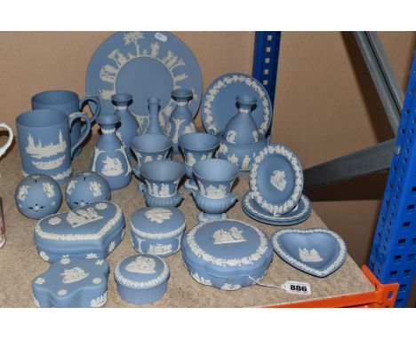 A LARGE COLLECTION OF WEDGWOOD BLUE 'JASPERWARE' GIFTWARE ITEMS comprising approximately  twenty-five items to include two mu