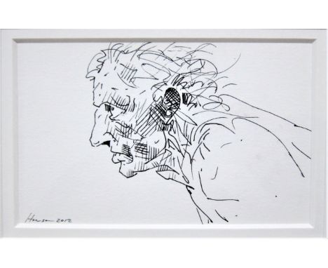 PETER HOWSON  R.A. [1958 - ]. Head Study, 2012. ink drawing; signed. 13 x 20 cm - overall including frame 37 x 44 cm. Provena