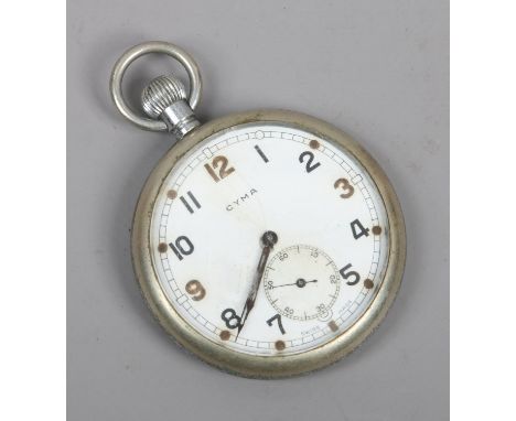 A vintage Cyma military issue pocket watch with white enamel dial and subsidiary seconds, broad arrow mark to the case.