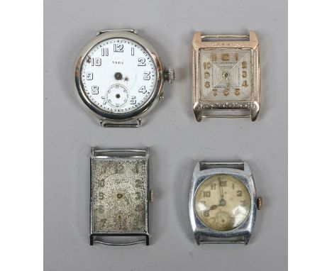 Four gents vintage manual watch heads. Including a gold capped square Art Deco watch.