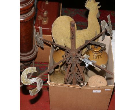 An iron work cockrel weather vane, along with three stoneware storage vessels.