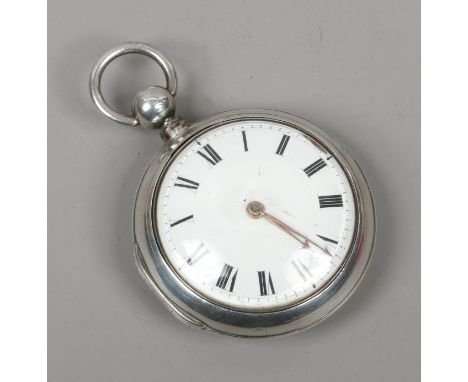 A George III silver pair cased fusee pocket watch with verge escapement, a white enamel dial and Roman numeral markers, by Jo