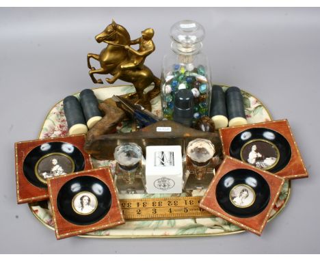A tray of collectables including portrait miniatures, glass marbles, ink wells and folding ruler etc.