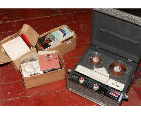 A vintage Wyndsor Sabre II reel to reel recorder with a quantity of tapes and original instructions.