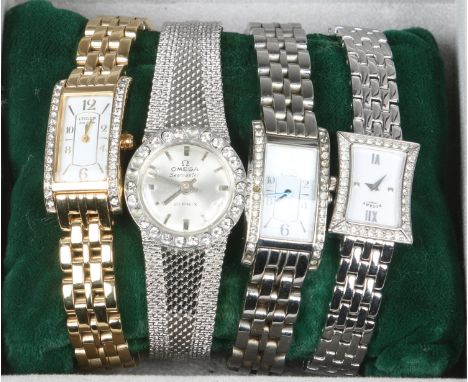 Four ladies bracelet watches including Citizen and Rotary in a Longines box.