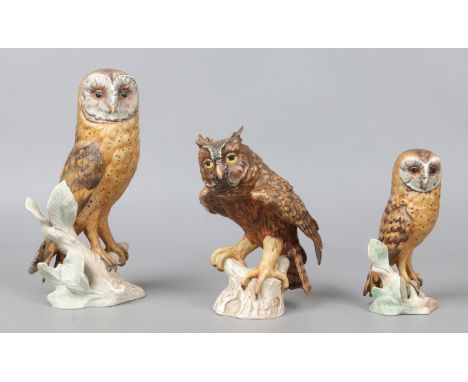 Three large Goebel coloured bisque models of owls, including Screech owl and Barn owl.