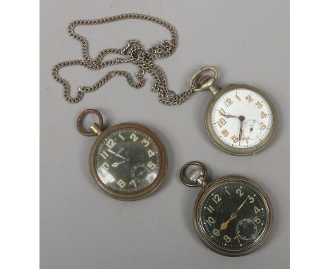 Three vintage pocket watches including two with black enamel dials one by Aviation.