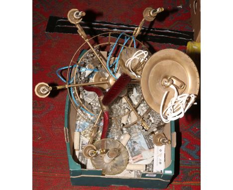 A gilt metal and glass droplet six branch chandelier for restoration, along with a Venetian ruby glass twin branch ceiling li