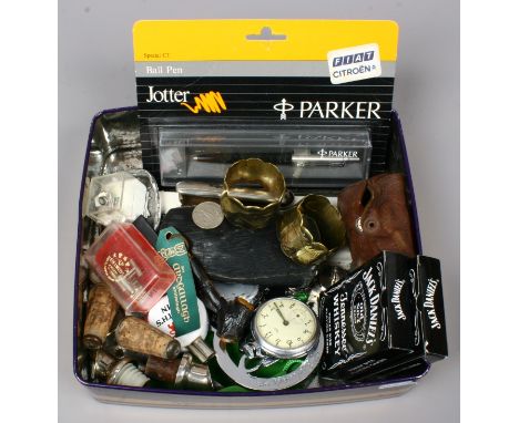 A tin of mostly vintage gentlemans collectables including cufflinks, pens, breweriana, pocket watches, playing cards etc.