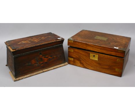 For restoration; A Victorian marquetry inlaid tea caddy of sarcophagus form along with a brass mounted Victorian writing slop