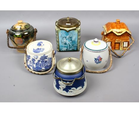 A collection of six biscuit barrels to include Poole, Sadler, fairy lustre etc.