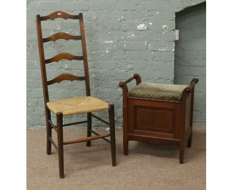 A Victorian inlaid mahogany piano stool along with a rush seat ladder back chair.