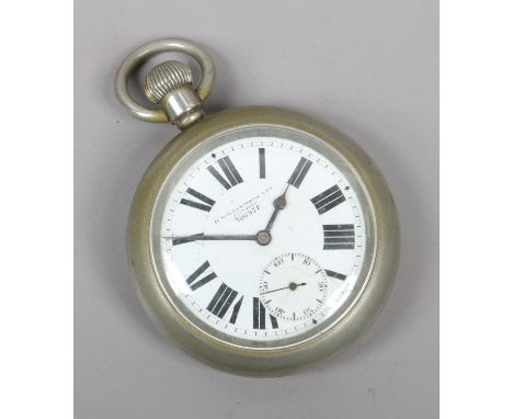 A military issue white metal cased pocket watch by H. Williamson with white enamel dial and subsidiary seconds, broad arrow m