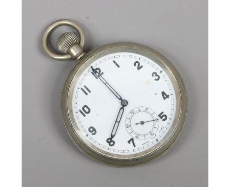 A vintage air Ministry issue pocket watch with white enamel dial and subsidiary seconds.