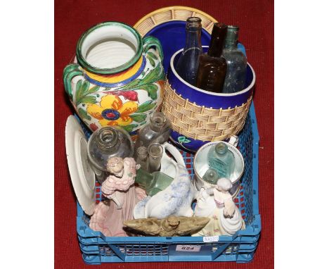 A box of mixed collectables including vintage glass advertising bottles, tourist wares, Royal Worcester and Coalport figures.