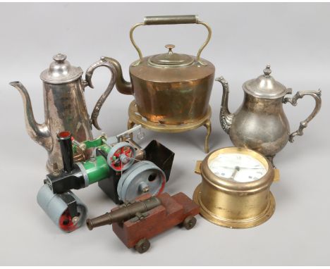 A collection of assorted metalwares including Mamod steam engine, brass bulk head clock and silver plate etc.