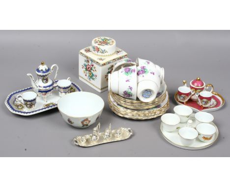 Three dolls teasets, a Colclough teaset and a Coalport tea caddy etc.