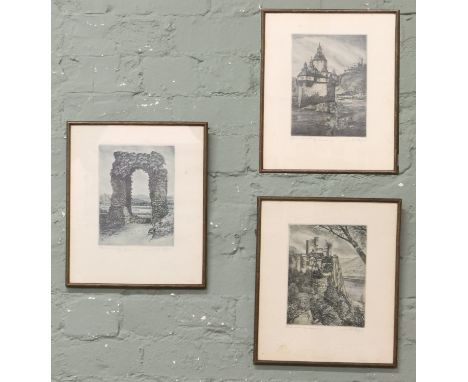 Three framed etchings, architectural views signed and named in pencil.