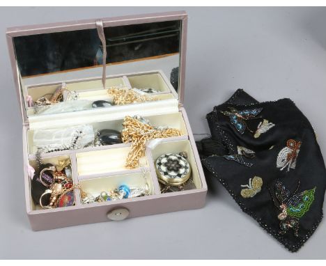 A jewellery box and contents of costume jewellery along with a silver pendant on chain, pocket watch etc.