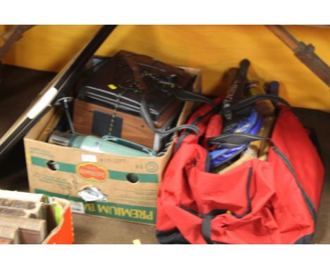 A QUANTITY OF ASSORTED TENNIS RACKETS ETC., TOGETHER WITH A RECORD PLAYER ETC.