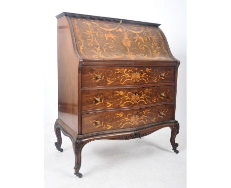 A 19th century mahogany inlaid Piedmont manner Italian serpentine bureau desk. Raised on slender legs terminating in brown ce