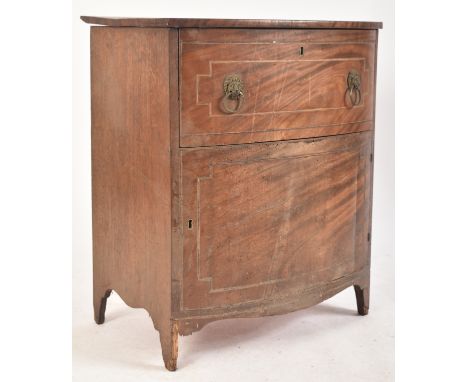 A 19th century George III mahogany and line inlaid commode cabinet. Raised on bracket feet, the bow fronted body with articul