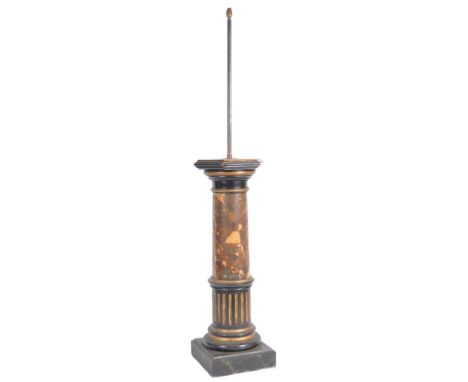 A large early 20th century floor standing plinth column form wooden faux marble standard light lamp. Large fixture to top wit
