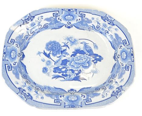 A 19th Century blue and white Ironstone meat platter, depicting flowers and birds within an oriental style border, stamp to t