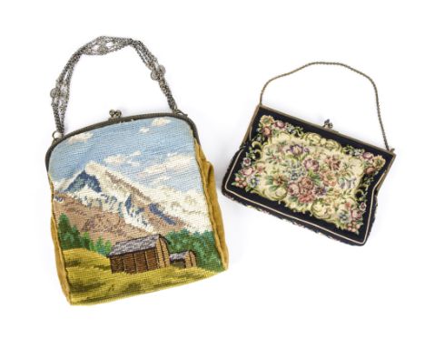Two Art Deco period evening bags with coloured meshwork chain designs, one depicting an alpine scene, the other with floral d