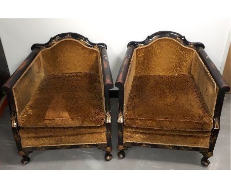 1920s Chinoiserie Three Piece Suite, ebonised on a mahogany frame with gold painted details and lacquered decoration depictin