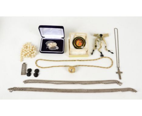 Two 20th Century silver chains, interlocked links, length 71cm &amp; 92cm, together with two silver pendants, a silver and pe