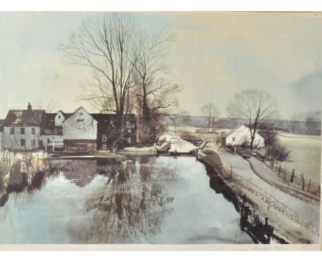 Rowland Hilder,  limited edition print, Norfolk farmstead with lock, 32/150, with blind stamp to lower left, 45cm x 61cm  