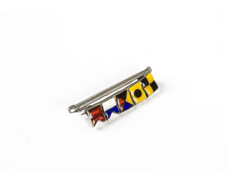 A circa 1970s silver and enamel semaphore brooch, featuring five flags hanging from the bar, with the letters to spell Lisa B