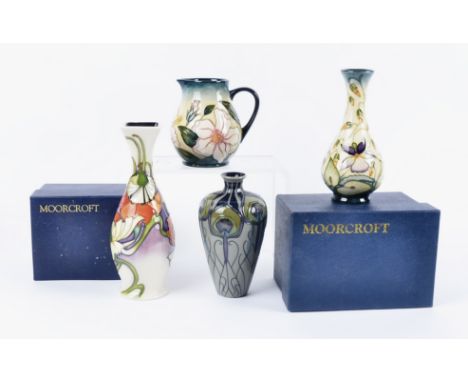 Four contemporary Moorcroft Collectors Club items, two af, including a stylised peacock feather vase, 16cm, limited Sian Leap