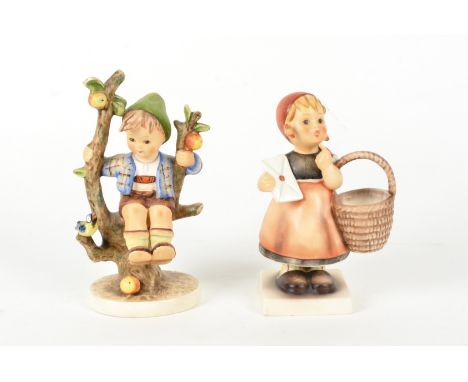Two Hummel W. Gobel figures,  featuring a boy sitting on a tree and a girl holding a letter (2) 