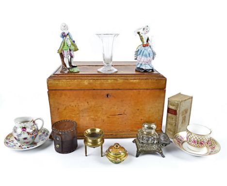 A 19th Century walnut hinged box, containing a collection of miscellaneous items including a Crown Derby Stevens and Hancock 