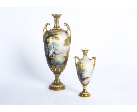 Two Worcester vases with hand painted scenes of birds by the waterside,   back stamp to base, one signed W. Powell, the other