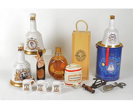 A collection of alcohol and brewery ephemera, including a cased bottle of Whitbread Celebration ale, a bottle of Dimple Scotc