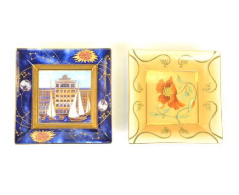 Two Limoges Patek Philippe Vide Poche porcelain dishes, square in form, one depicting a building and harbour, issued in 2014 