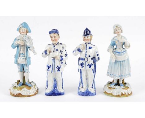 A pair of continental figurines modelled as a police man and a post man, heightened in gilt, 18.5cm high and a pair of contin