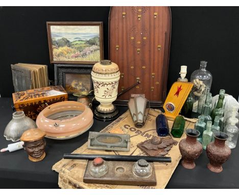 Boxes and objects - a 19th century mahogany and maple sarcophagus shaped tea caddy;  Victorian photo album; 19th century bras