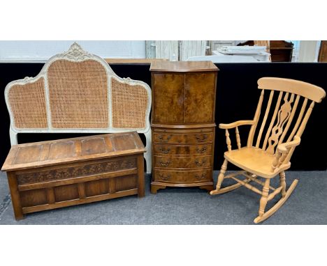 Furniture - an oak four-panel blanket chest by Reprodux, 53cm high, 121.5cm wide, 48cm deep;  beech lath back rocking chair; 