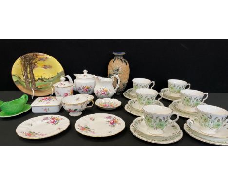 Ceramics - Doulton Lambeth vase, 22cm high,  Royal Crown Derby Derby Posie tea pot, plates, trinket box, Colclough tea set; e